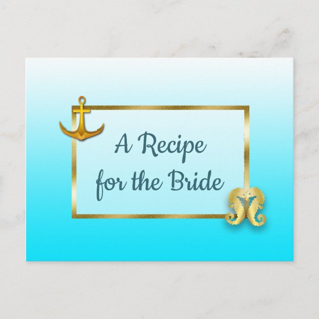 Aqua Blue & Gold Seahorse wedding Recipe Card (Front)