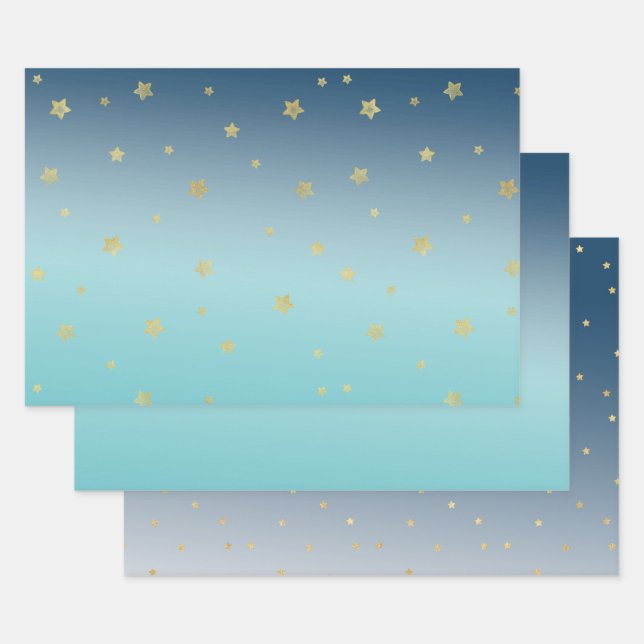 Aqua Blue Gold Stars Wrapping Paper Sheet (Set)
