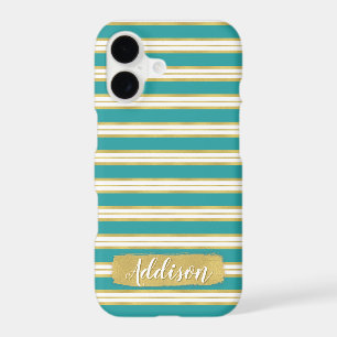 Aqua Blue Gold Stripe Pattern Custom Name