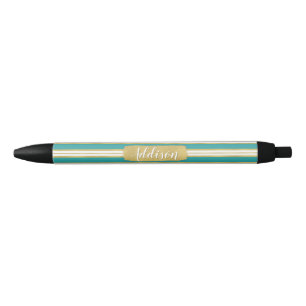 Aqua Blue Gold Stripe Pattern Custom Name Black Ink Pen