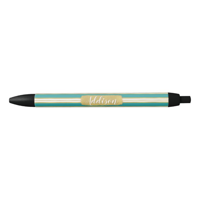 Aqua Blue Gold Stripe Pattern Custom Name Black Ink Pen (Front)