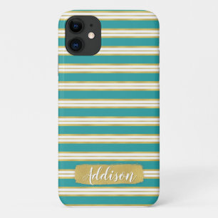 Aqua Blue Gold Stripe Pattern Custom Name Case-Mate iPhone Case