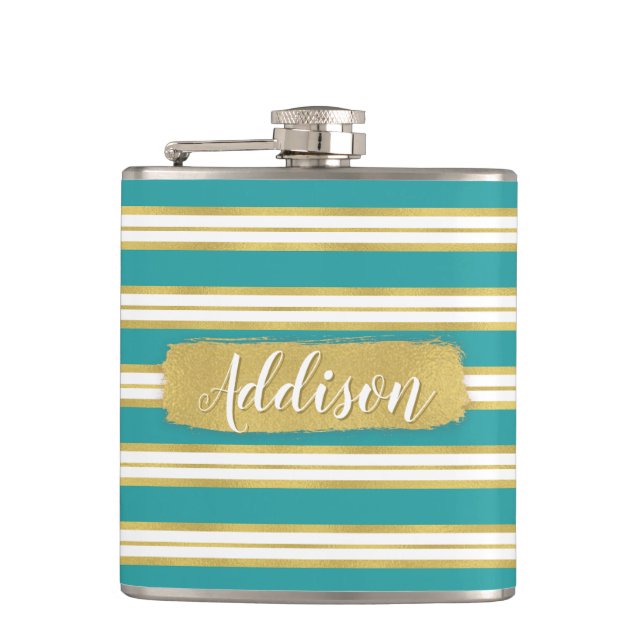 Aqua Blue Gold Stripe Pattern Custom Name Hip Flask (Front)