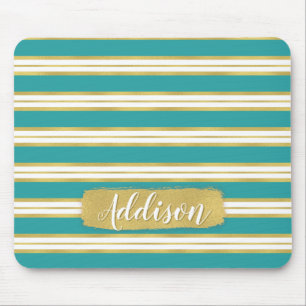 Aqua Blue Gold Stripe Pattern Custom Name Mouse Pad