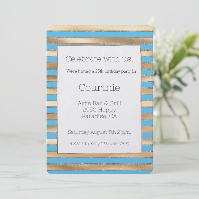 Aqua Blue Gold Stripes Birthday Invitation (Standing Front)