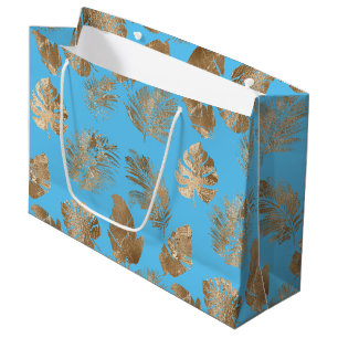Aqua Blue Gold Tropical Leaves Large Gift Bag