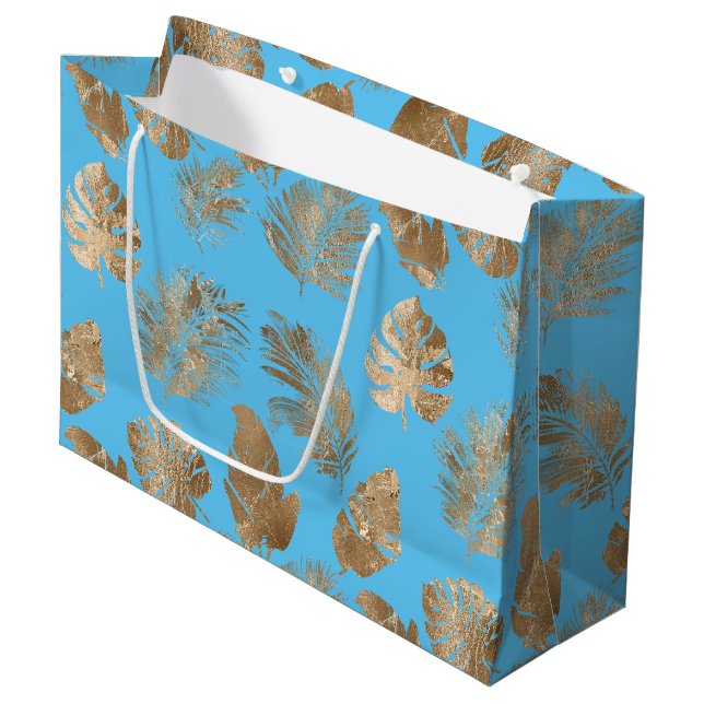 Aqua Blue Gold Tropical Leaves Large Gift Bag (Front Angled)