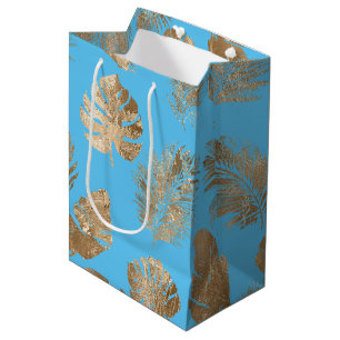 Aqua Blue Gold Tropical Leaves Medium Gift Bag