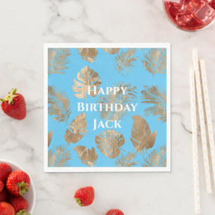 Aqua Blue Gold Tropical Leaves  Napkin