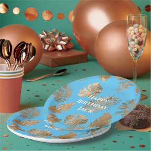 Aqua Blue Gold Tropical Leaves  Paper Plate