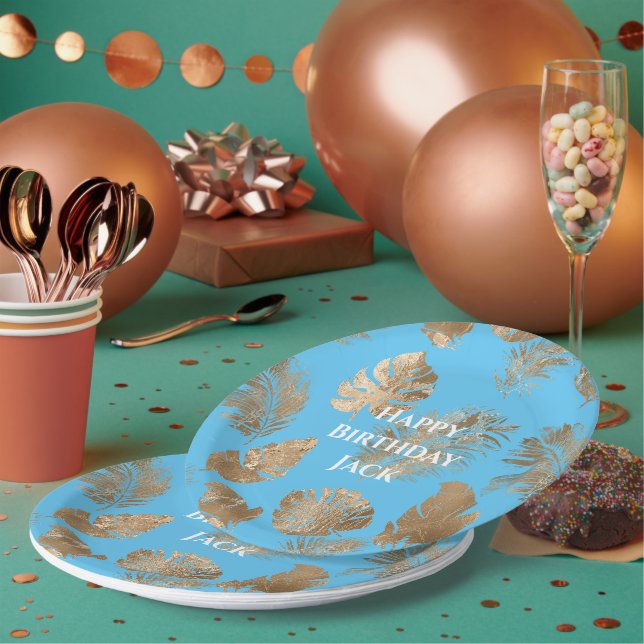 Aqua Blue Gold Tropical Leaves  Paper Plate (Multi)