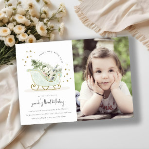 Aqua Blue Gold Winter Sleigh Photo Birthday Invite