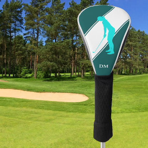 Aqua Blue Golfer on Teal White Golf Head Cover
