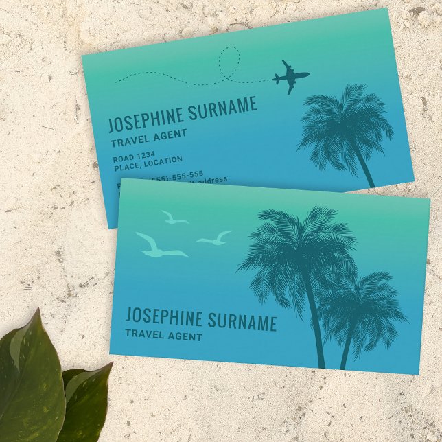 Aqua Blue Gradient Palm Tree Tropical Travel Agent Business Card (Ideal for people who work within the travel and tourism industry.)