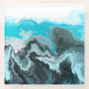 Aqua Blue Gray and Black Waves Abstract Modern Art Glass Coaster