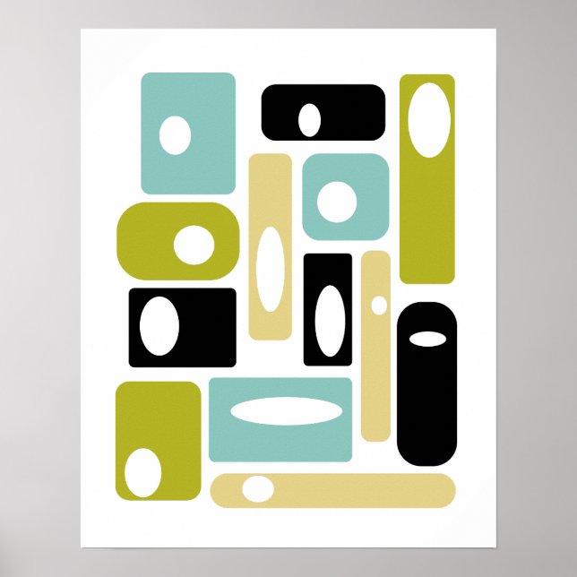 Aqua Blue Green Black Squares Mid-century Modern Poster (Front)