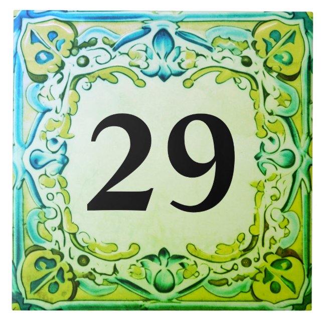 Aqua Blue Green Decorative House Number Plaque Tile (Front)