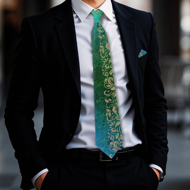 Aqua Blue Green Floral Pattern Neck Tie (Aqua Blue Green Floral Pattern Neck Tie)