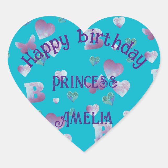 Aqua/blue-green, pink hearts & butterflies balloon heart sticker (Front)