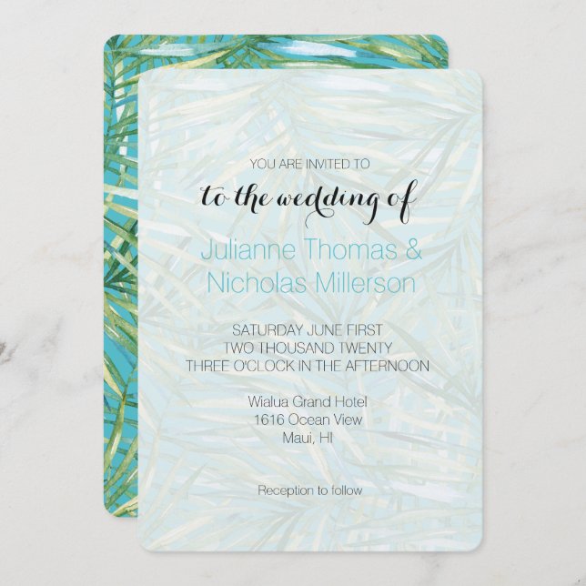 Aqua Blue Green Tropical Leaves Watercolor Wedding Invitation (Front/Back)