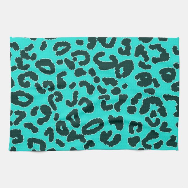 Aqua Blue-Green, Turquoise Leopard Animal Print Tea Towel (Horizontal)
