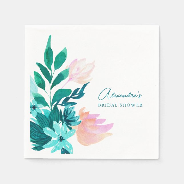 Aqua Blue Green Watercolor Floral Bridal Shower Napkin (Front)