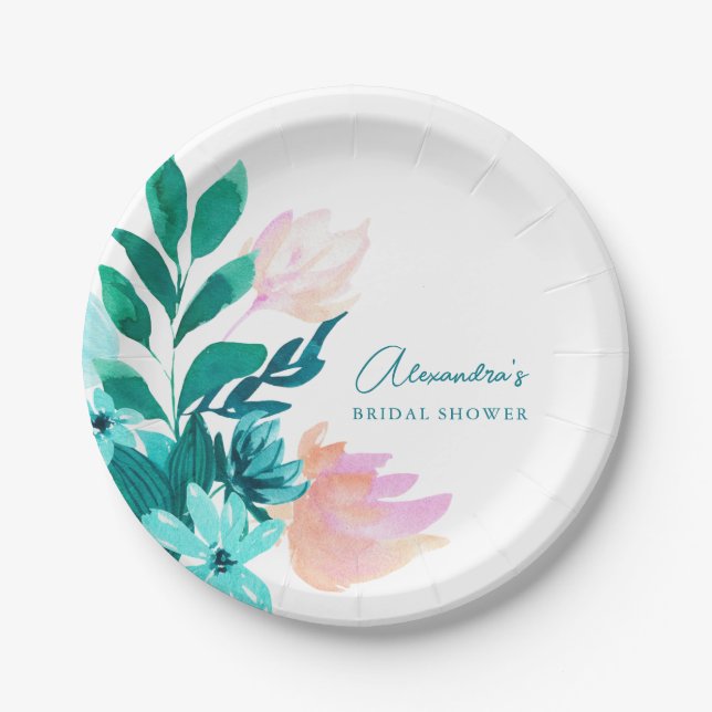 Aqua Blue Green Watercolor Floral Bridal Shower Paper Plate (Front)