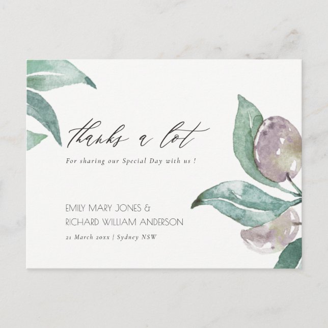 AQUA BLUE GREEN WATERCOLOR FOLIAGE OLIVE THANK YOU POSTCARD (Front)