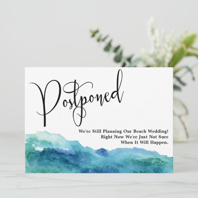 Aqua Blue Green Watercolor Postponed Wedding Invitation (Standing Front)