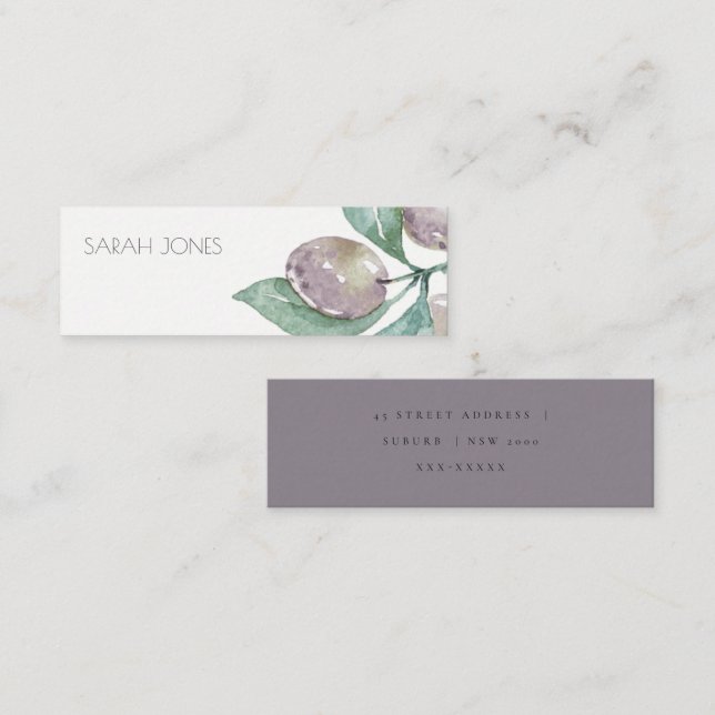 AQUA BLUE GREEN WATERCOLOUR FOLIAGE OLIVE ADDRESS MINI BUSINESS CARD (Front/Back)