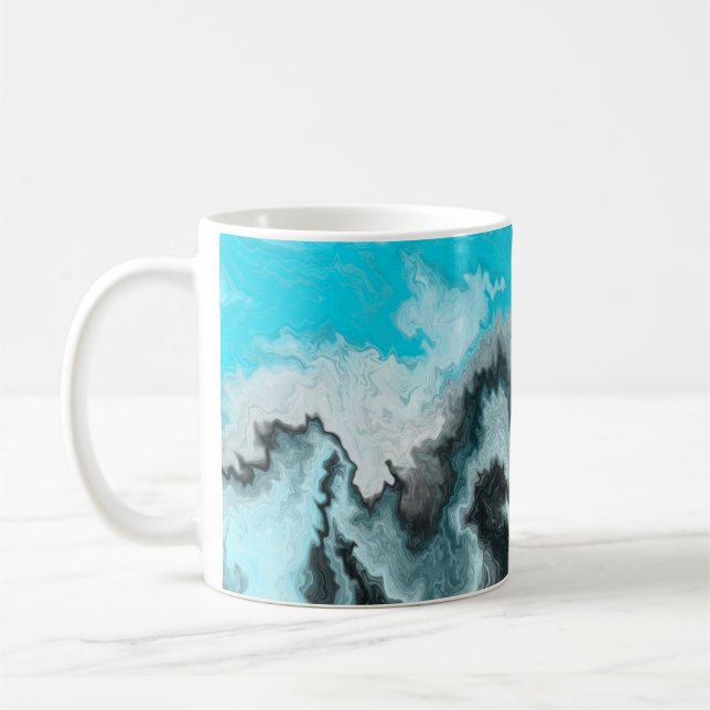 Aqua Blue Grey and Black Waves Abstract Modern Art Coffee Mug (Left)