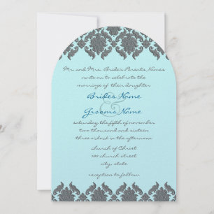Aqua Blue Grey Bevel Damask Wedding Invitation