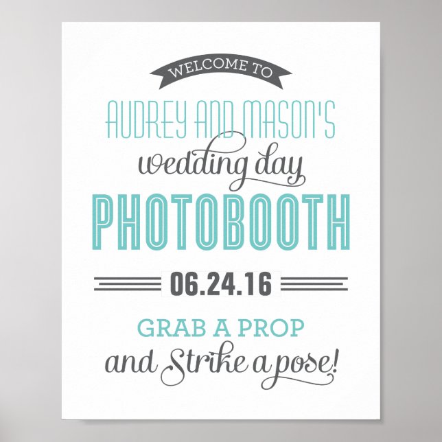 Aqua Blue Grey Custom Wedding Photo Booth Sign (Front)