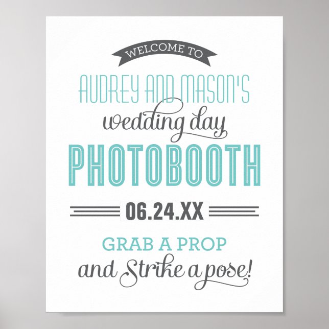 Aqua Blue Grey Custom Wedding Photo Booth Sign (Front)