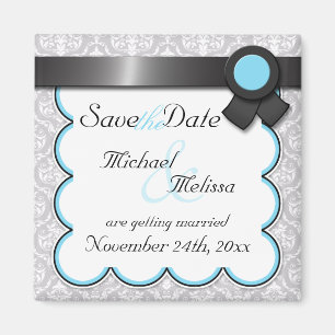 Aqua Blue & Grey Damask Save the Date Magnet