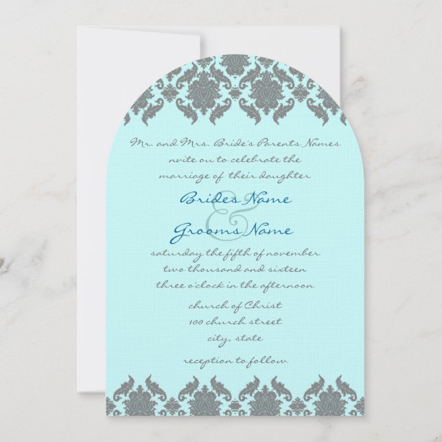 Aqua Blue Grey Damask  Wedding Invitation (Back)