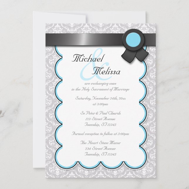 Aqua Blue & Grey Damask Wedding Invitations (Front)
