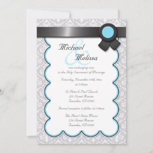 Aqua Blue & Grey Damask Wedding Invitations