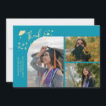 Aqua Blue Hand Written Thank You Multi Photo Announcement<br><div class="desc">Modern and whimsical graduation announcement photo card featuring 3 photos on the front and 1 on the back. The text says "Thank You" with twinkling stars. Add the graduate's name,  information,  and message to personalize this card. Aqua blue.</div>