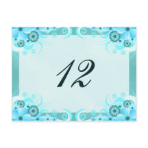 Aqua Blue Hibiscus Wedding Table Number Card