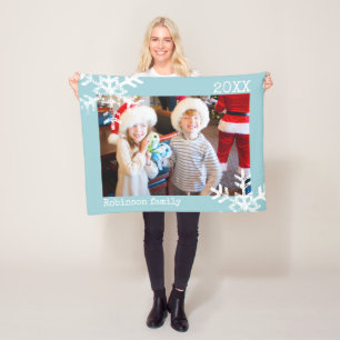 Aqua Blue Holiday Photo Distressed Snowflakes Fleece Blanket