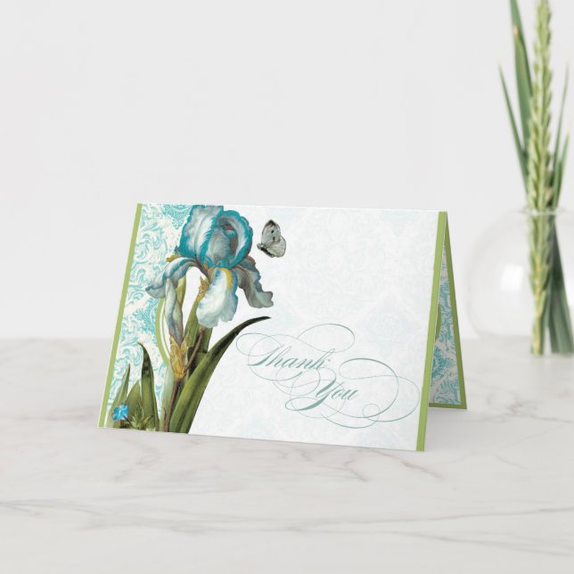 Aqua Blue Iris Damask Quatrefoil Thank You Note (Front)