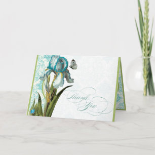 Aqua Blue Iris Damask Quatrefoil Thank You Note Card