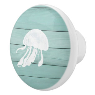 Aqua Blue Jellyfish Faux Wood Nautical Drawer knob