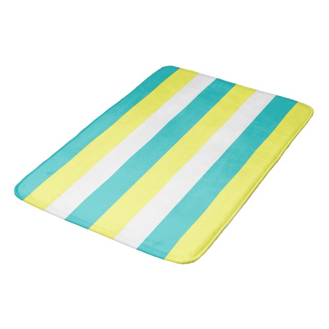 Aqua Blue, Lemon Yellow and White Stripes Bath Mat (Angled)