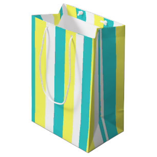 Aqua Blue, Lemon Yellow and White Stripes Medium Gift Bag