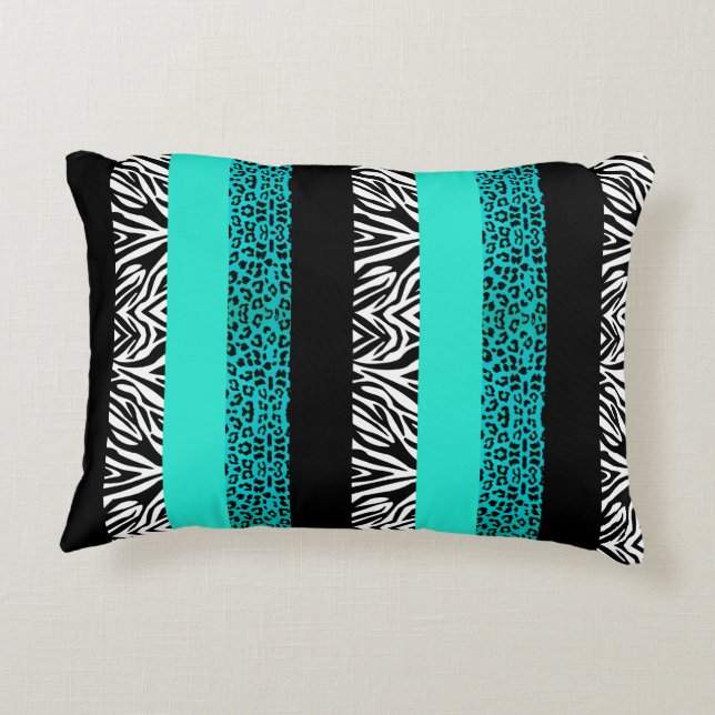 Aqua Blue Leopard and Zebra Animal Print Decorative Cushion (Back)