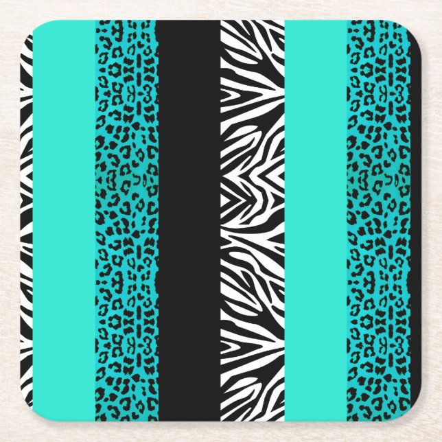 Aqua Blue Leopard and Zebra Animal Print Square Paper Coaster (Front)