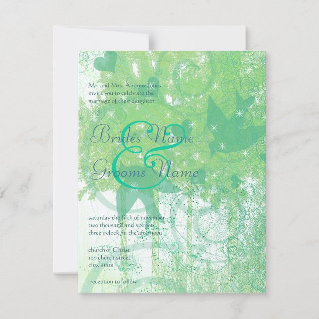 Aqua Blue & Lime Birds & Swirls Wedding Invitation (Front)