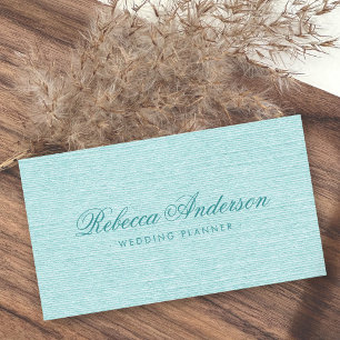 Aqua blue linen chic trendy pretty script business card
